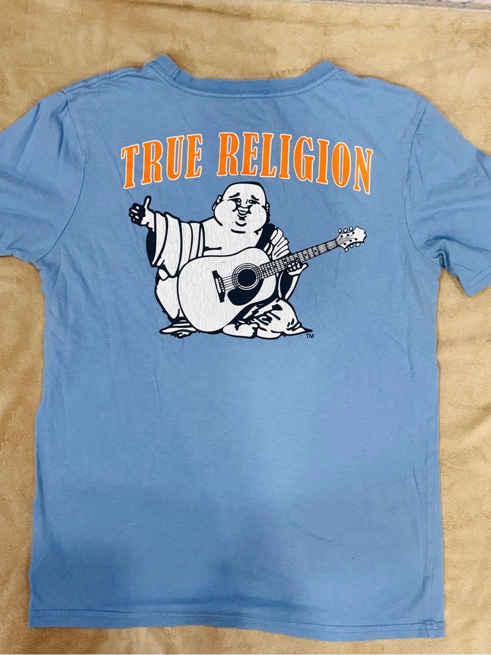 True Religion Light Blue Tee with Orange Logo and White Graphic Buddha
